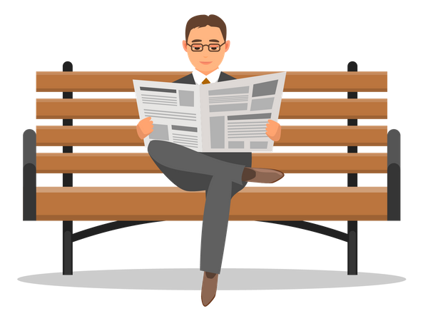 Serious man sits on bench and reads newspaper  Illustration