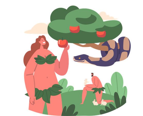 Serpente maligna engana e tenta Eva a comer frutas da árvore proibida  Ilustração