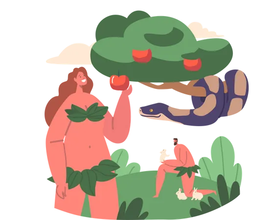 Serpente maligna engana e tenta Eva a comer frutas da árvore proibida  Ilustração