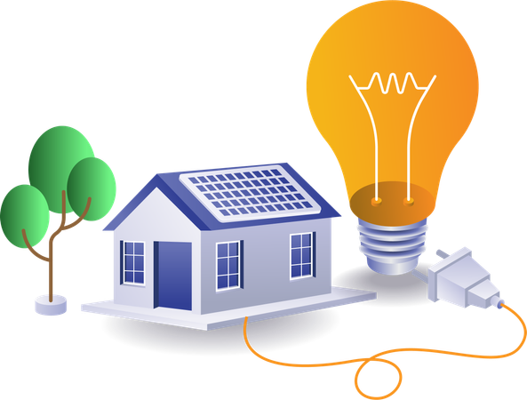 Maison verte écologique avec énergie électrique par panneau solaire  Illustration