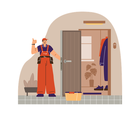 Un serrurier professionnel démontre les travaux d'entretien de la porte d'entrée  Illustration