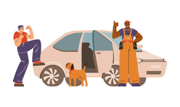 Un serrurier professionnel déverrouille la porte de la voiture et répare la porte  Illustration