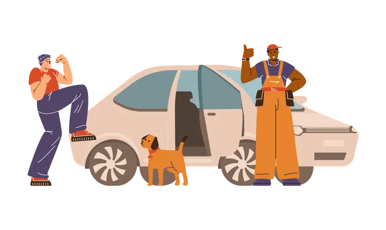 Un serrurier professionnel déverrouille la porte de la voiture et répare la porte  Illustration