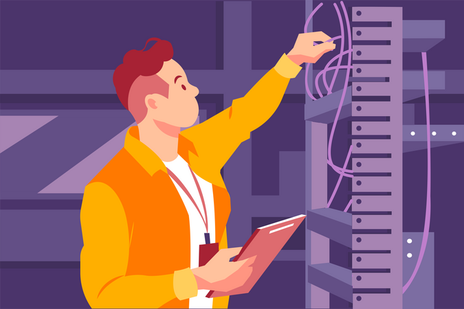 Server technician adjusting wiring  Illustration