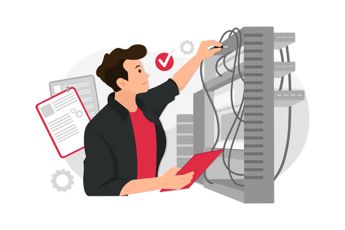 Server technician adjusting wiring  Illustration