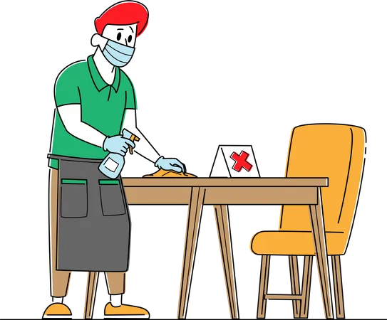 Serveur portant un masque protecteur et des gants désinfectant les tables au café ou au restaurant  Illustration