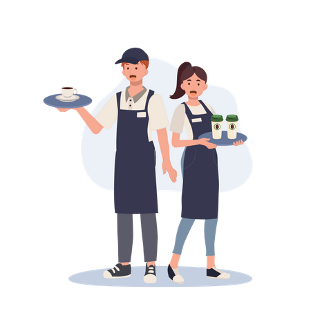 Serveur et serveuse tenant un plateau avec du café  Illustration