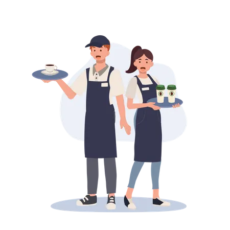 Serveur et serveuse tenant un plateau avec du café  Illustration