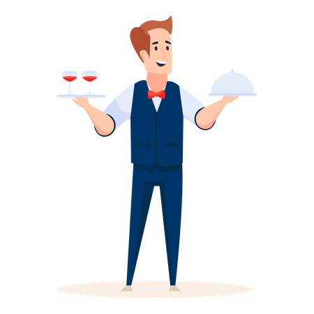 Serveur masculin tenant des boissons et de la nourriture à la main  Illustration