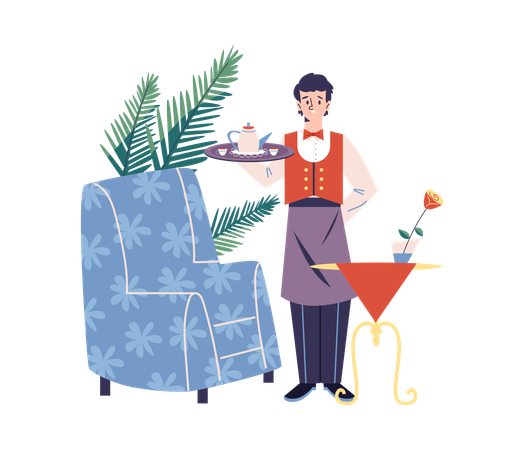 Serveur masculin servant de la nourriture sur un plateau  Illustration