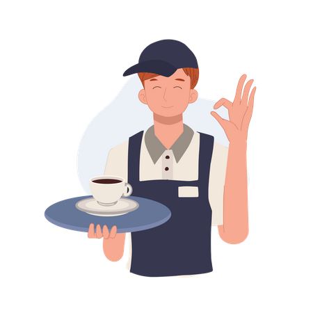 Le serveur portant un plateau avec du café va bien, signe de la main  Illustration