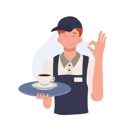 Le serveur portant un plateau avec du café va bien, signe de la main  Illustration