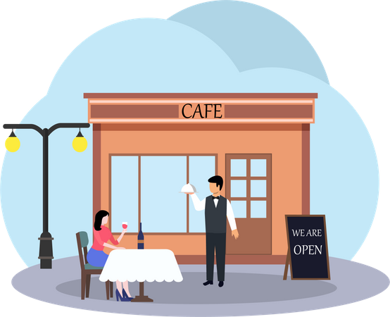 Serveur servant de la nourriture à l'extérieur du café  Illustration