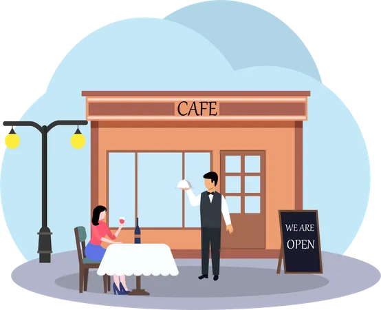 Serveur servant de la nourriture à l'extérieur du café  Illustration