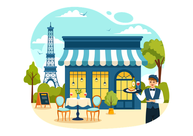 Serveur servant de la nourriture au French Food Restaurantal  Illustration