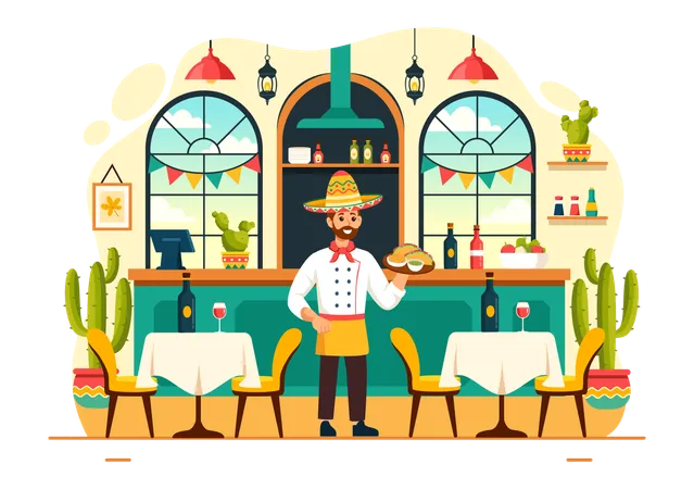 Serveur servant de la nourriture mexicaine au restaurant  Illustration