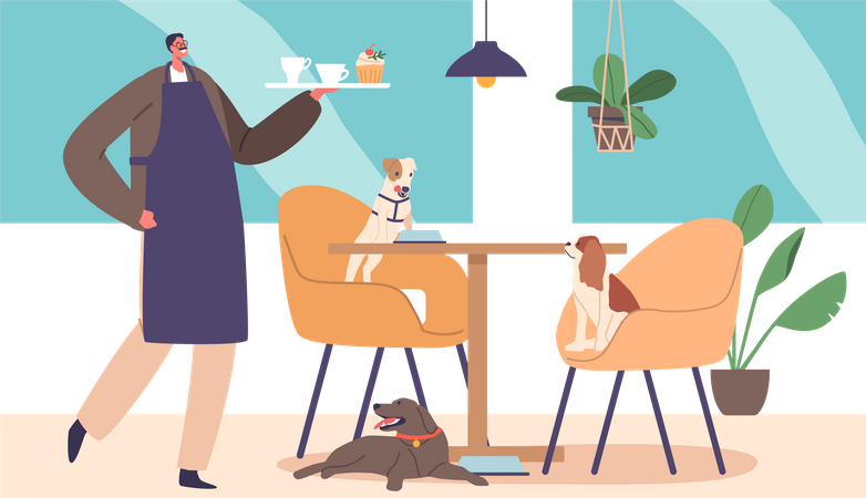 Serveur servant des chiots dans un café acceptant les animaux de compagnie  Illustration