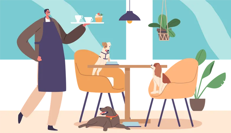 Serveur servant des chiots dans un café acceptant les animaux de compagnie  Illustration