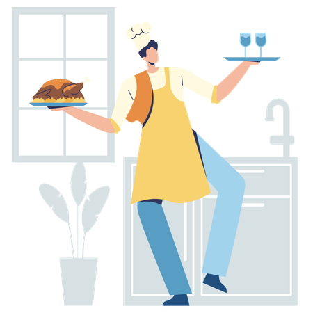 Serveur servant des plats au restaurant  Illustration