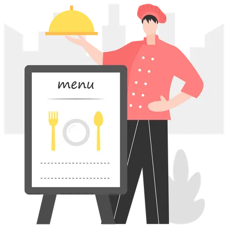 Serveur tenant un plat de recette près du grand menu du restaurant  Illustration