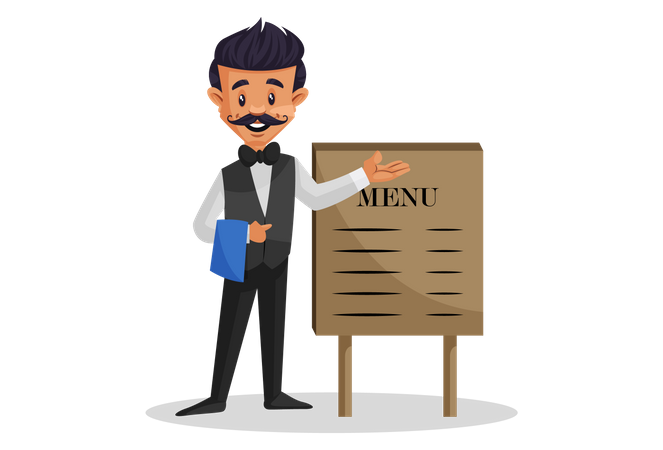 Serveur tenant un chiffon à la main et montrant le menu à bord  Illustration