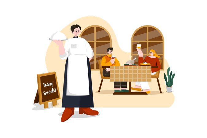 Serveurs servant des plats savoureux pour les clients  Illustration