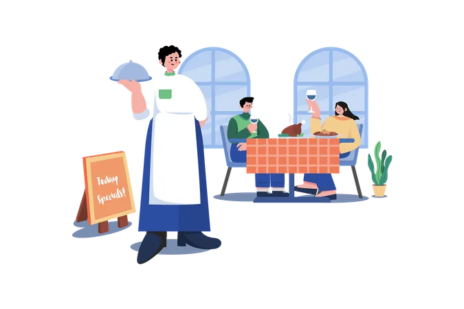 Serveurs servant des plats savoureux pour les clients  Illustration