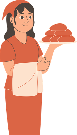 Serveuse debout avec une assiette de nourriture  Illustration