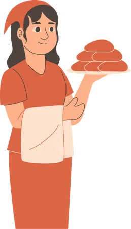 Serveuse debout avec une assiette de nourriture  Illustration
