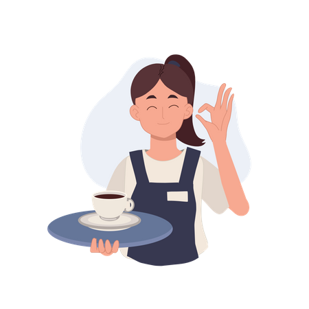 La serveuse portant un plateau avec du café va bien, signe de la main  Illustration
