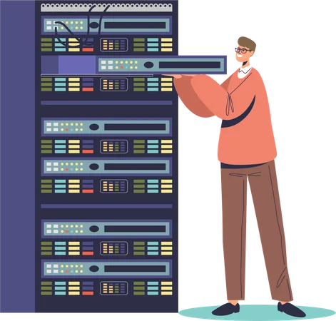 Service Administrator Working In Server Room With Rack Cabinets Service Maintenance Network Administration Computer Systems Configuration Concept Cartoon Flat Vector Illustration Illustration