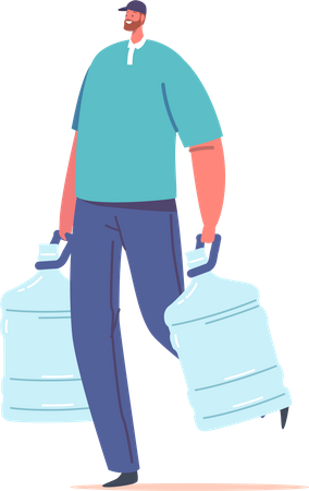 Service de livraison d'eau homme portant un uniforme transporter une bouteille en plastique  Illustration