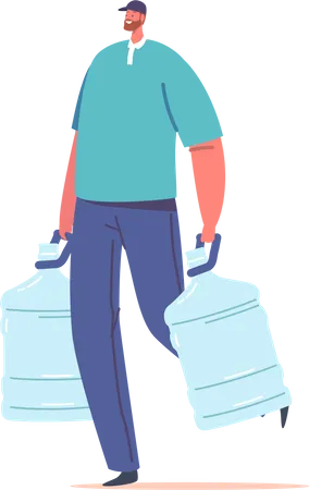 Service de livraison d'eau homme portant un uniforme transporter une bouteille en plastique  Illustration