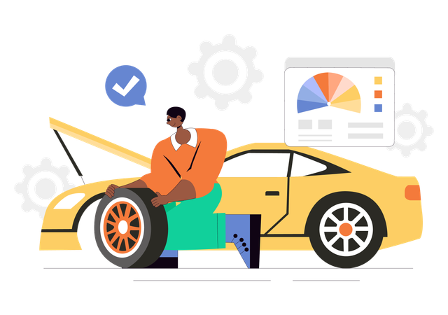 Service man changing wheel of car  Illustration