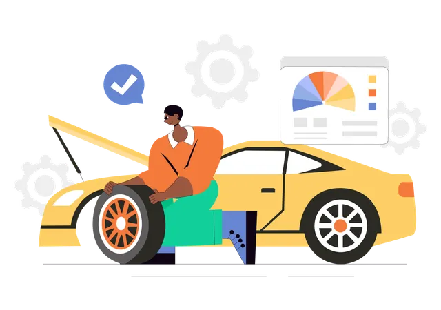 Service man changing wheel of car  Illustration