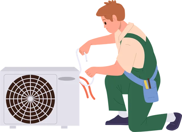 Service Man Cartoon Character Repairing Or Installing Air Conditioner Isolated On White Background Electrician Maintenance Of Home Office Appliance Cooling And Heating System Vector Illustration Illustration