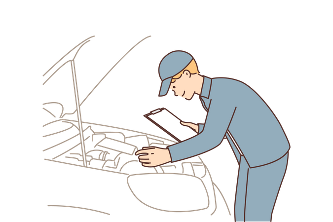 Service man checking car engine and making report  Illustration