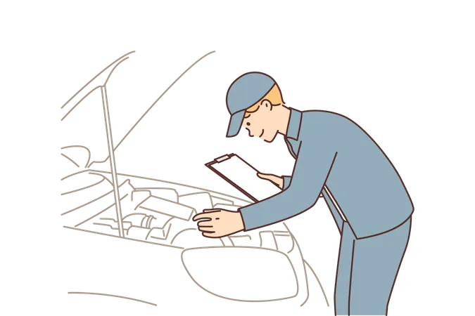 Service man checking car engine and making report  Illustration