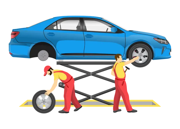 Service man doing car wheel balancing  Illustration