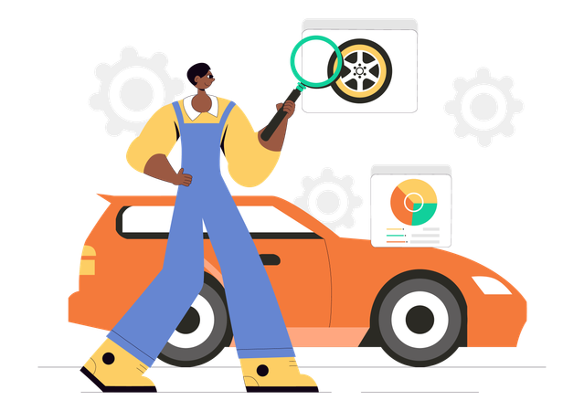 サービスマンが車のホイールを見つける  イラスト