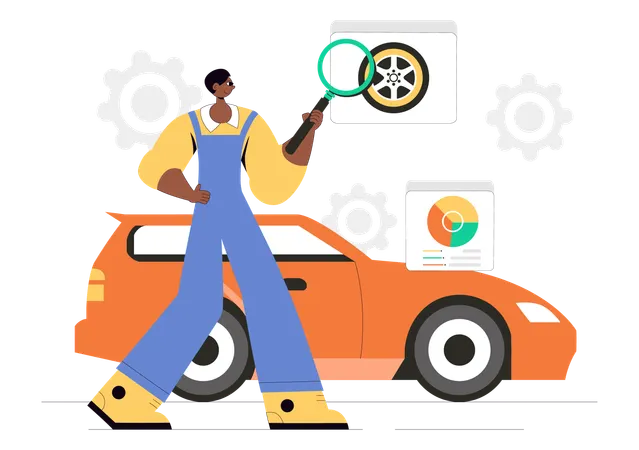 サービスマンが車のホイールを見つける  イラスト