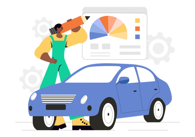 サービスマンが色を使って車とデザインを改造する  イラスト