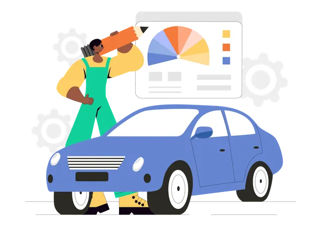 サービスマンが色を使って車とデザインを改造する  イラスト