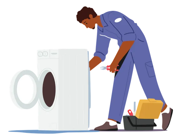 Plumber Husband For An Hour Repair Service Male Character In Uniform Work With Instruments Fixing Broken Washing Machine At Home Call Master Work With Damaged Technics Cartoon Vector Illustration Illustration