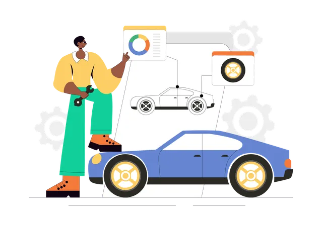 サービスマンの靴の装着 車の改造デザイン  イラスト