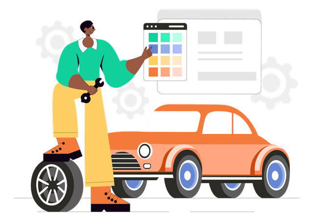 車のカラーシェードを示すサービスマン  イラスト