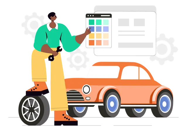 車のカラーシェードを示すサービスマン  イラスト