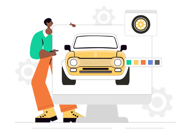 車のデザインを変更するサービスマン  イラスト