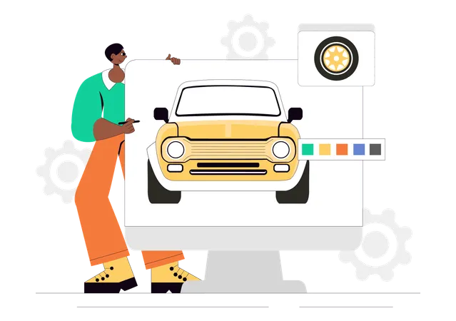車のデザインを変更するサービスマン  イラスト