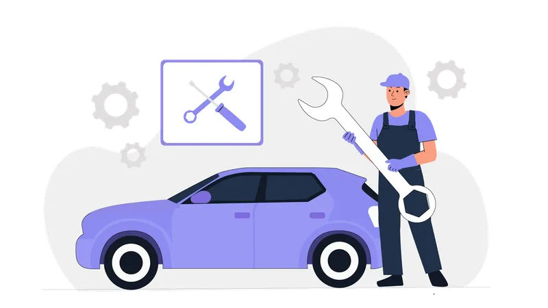 Service man standing with spanner near car  Illustration